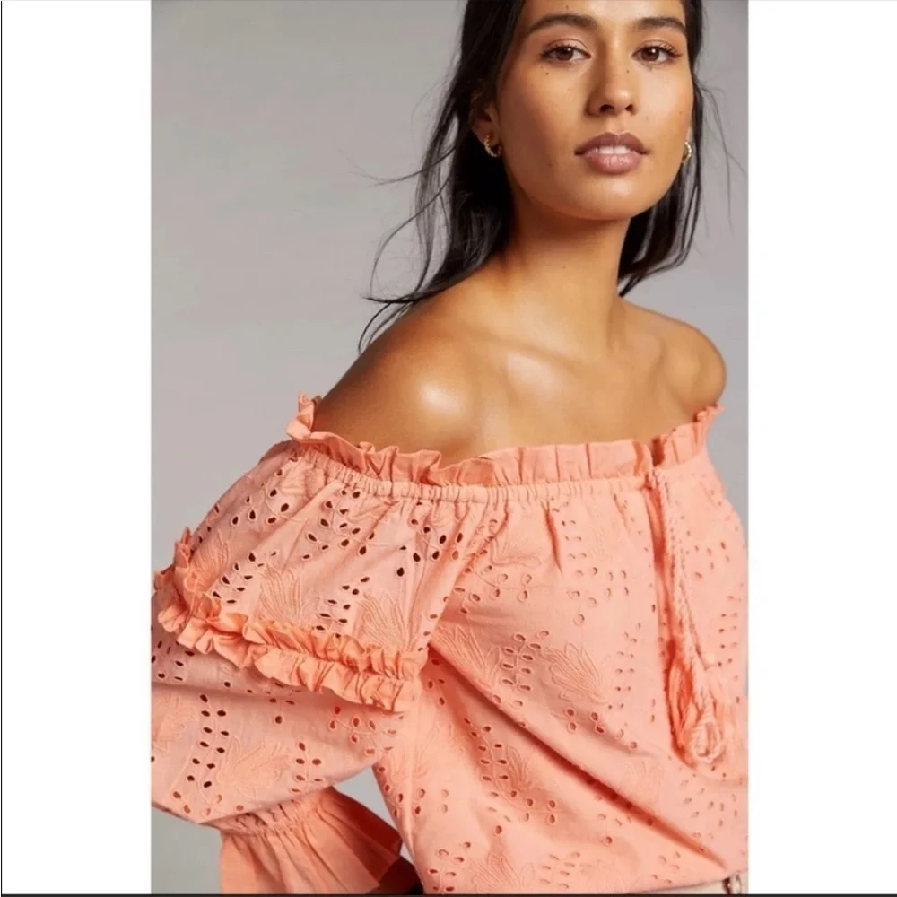 Anthropologie Peach Eyelet Lace Off Shoulder Blouse Size 4 Boho Top NWT